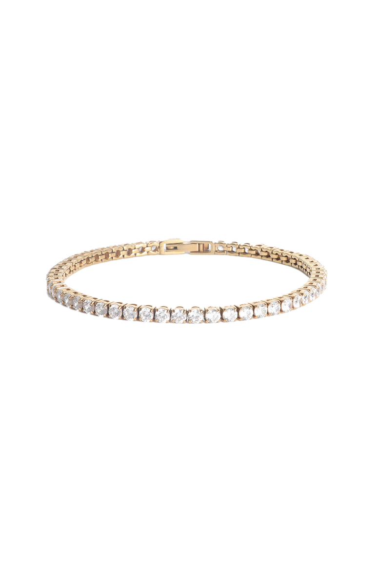 A gold tennis bracelet with fold-over clasp, featuring 3mm simulated diamonds