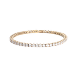 A gold tennis bracelet with fold-over clasp, featuring 3mm simulated diamonds