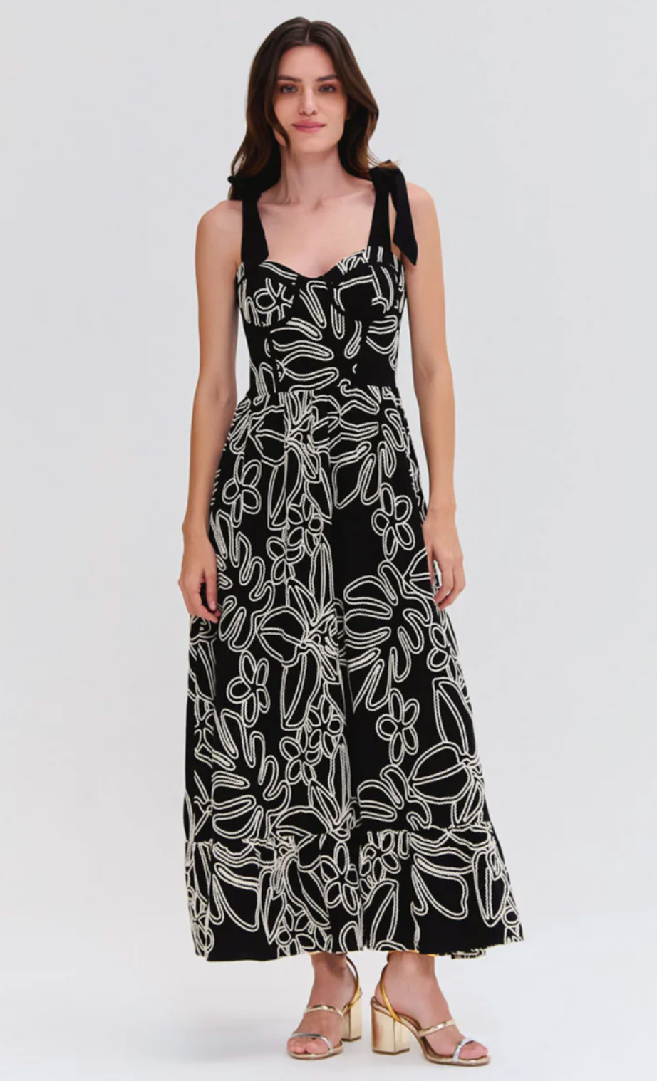 patbo linen black midi dress with white detail