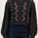Cinq à Sept - Joelle Embellished Cable Cardigan - Charcoal/Fuchsia