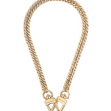 A gold-colored metal chain with a braided design and two statement hardware clasps.
