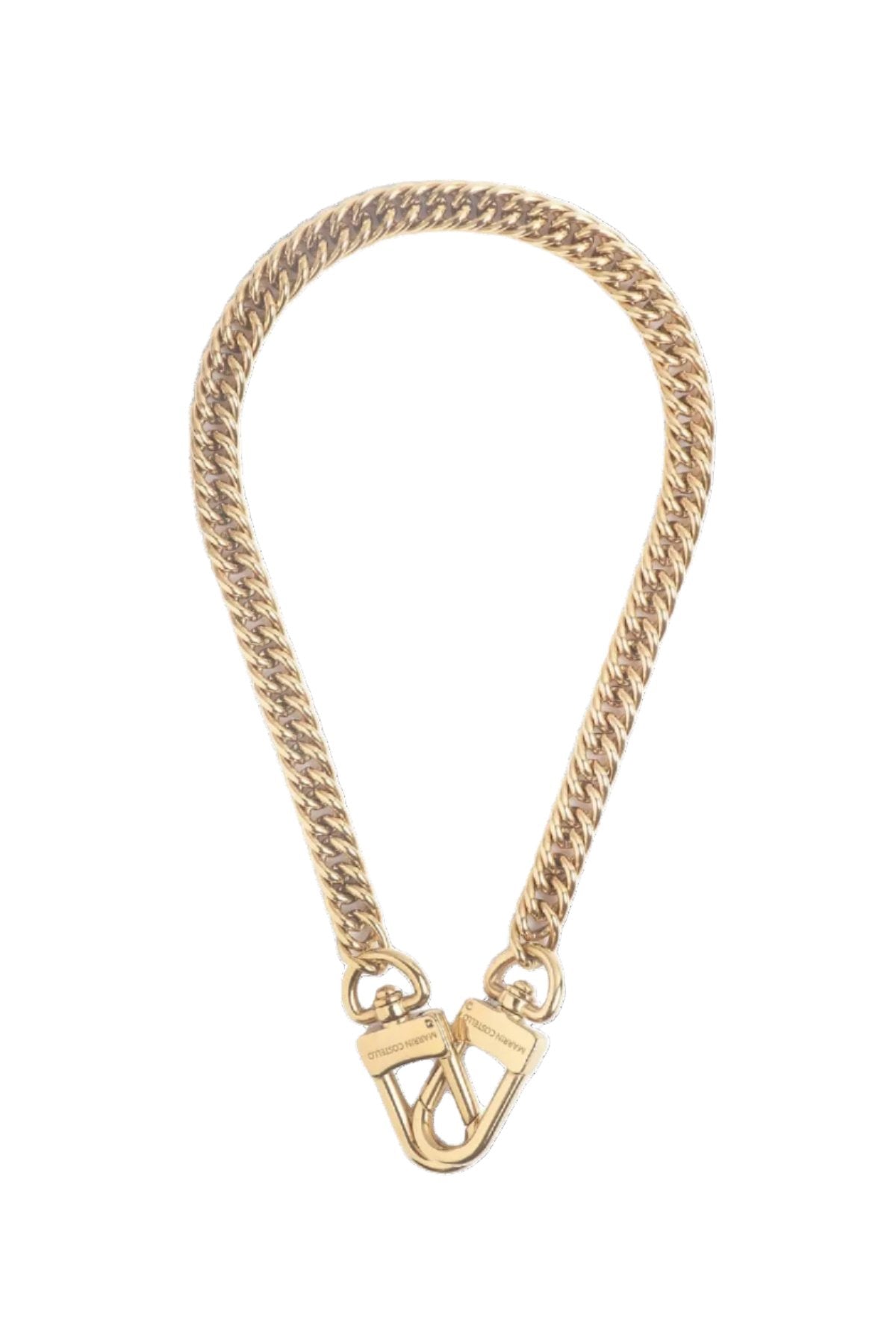 A gold-colored metal chain with a braided design and two statement hardware clasps.