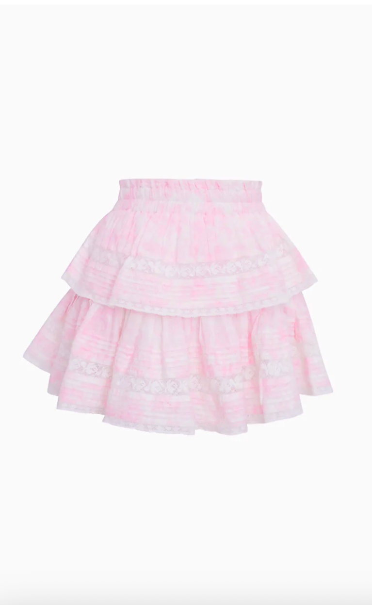 Pink tiered skirt with lace details on a white background