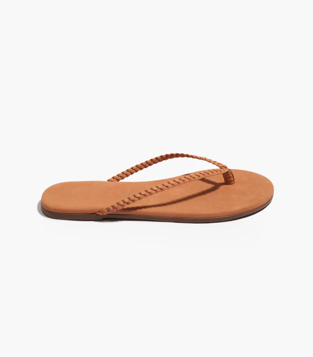 Brown sandal with braided strap on a white background