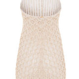 Beige crochet dress with tassel details on a white background