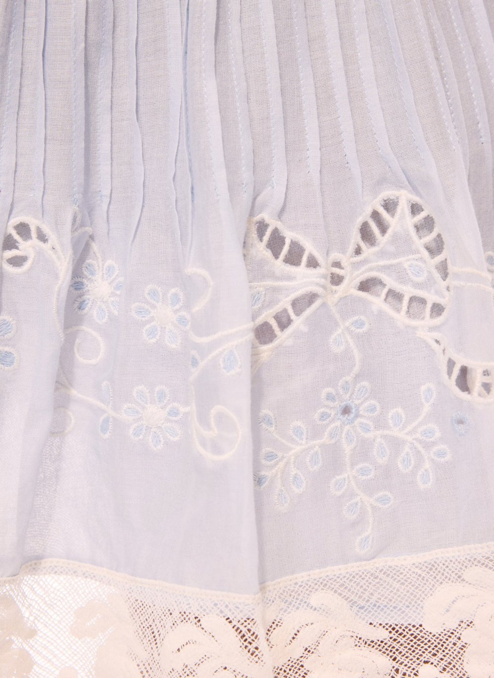 Close-up of a white lace garment with floral embroidery