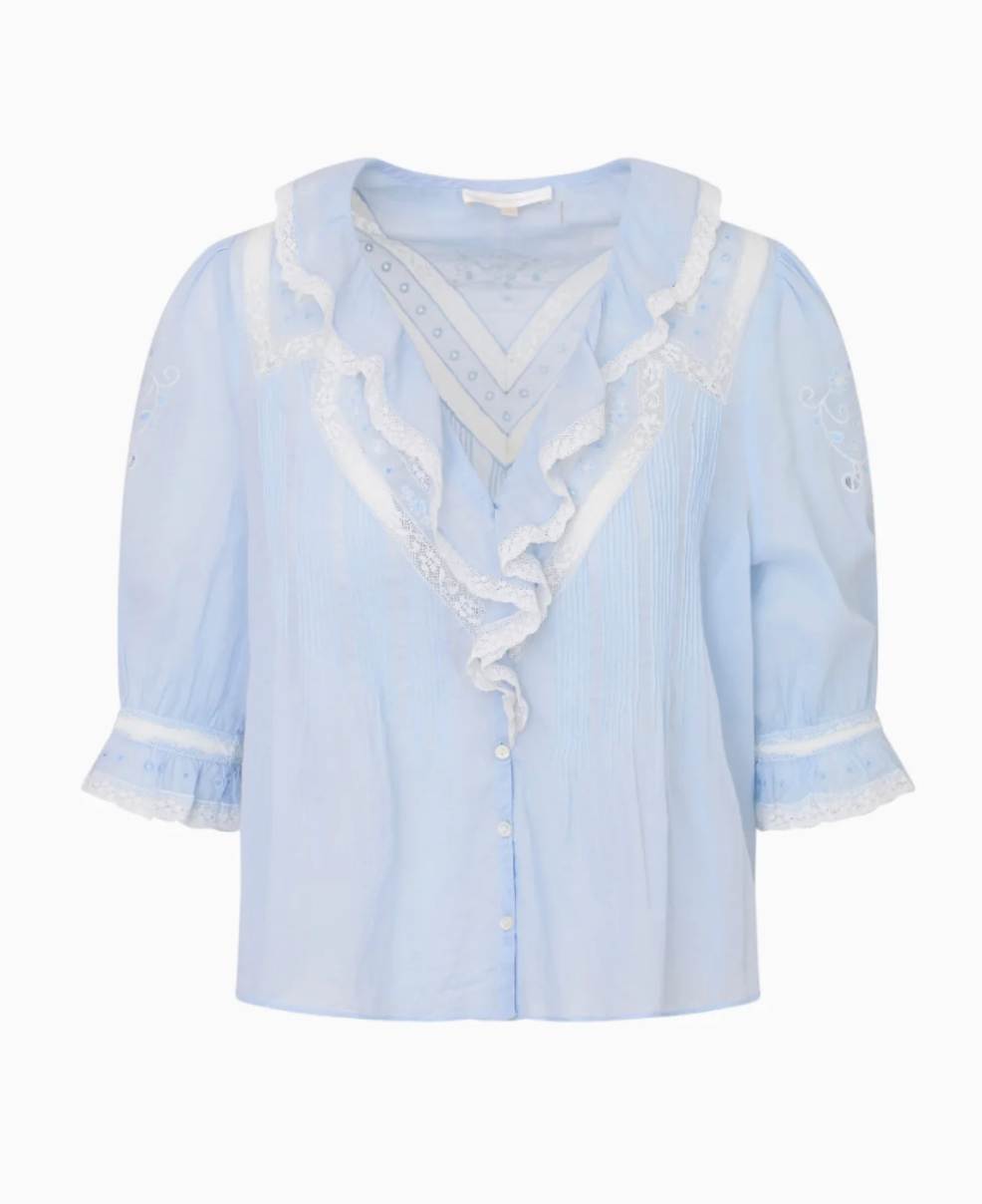 Light blue blouse with white lace details on a white background