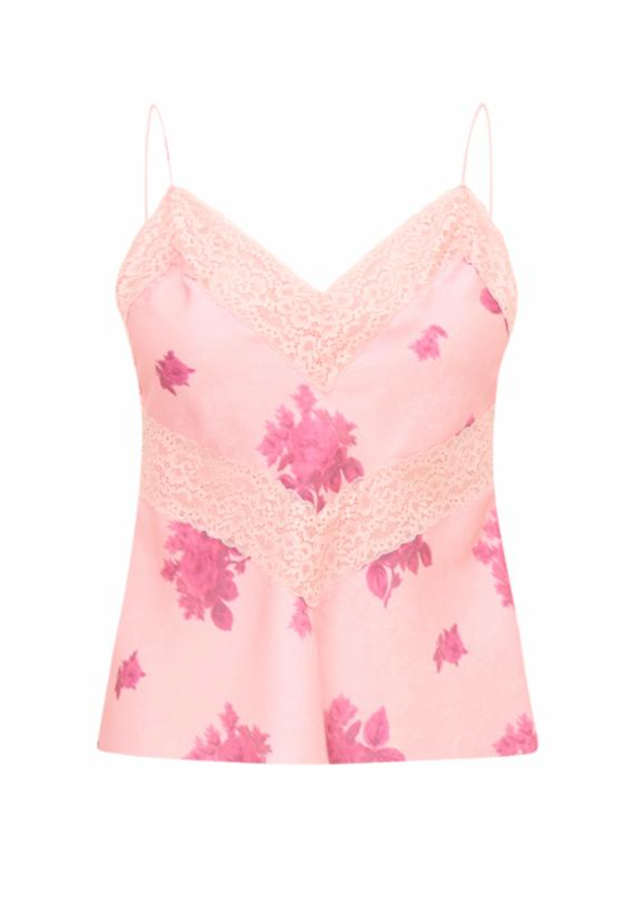 Pink floral lace camisole on a white background