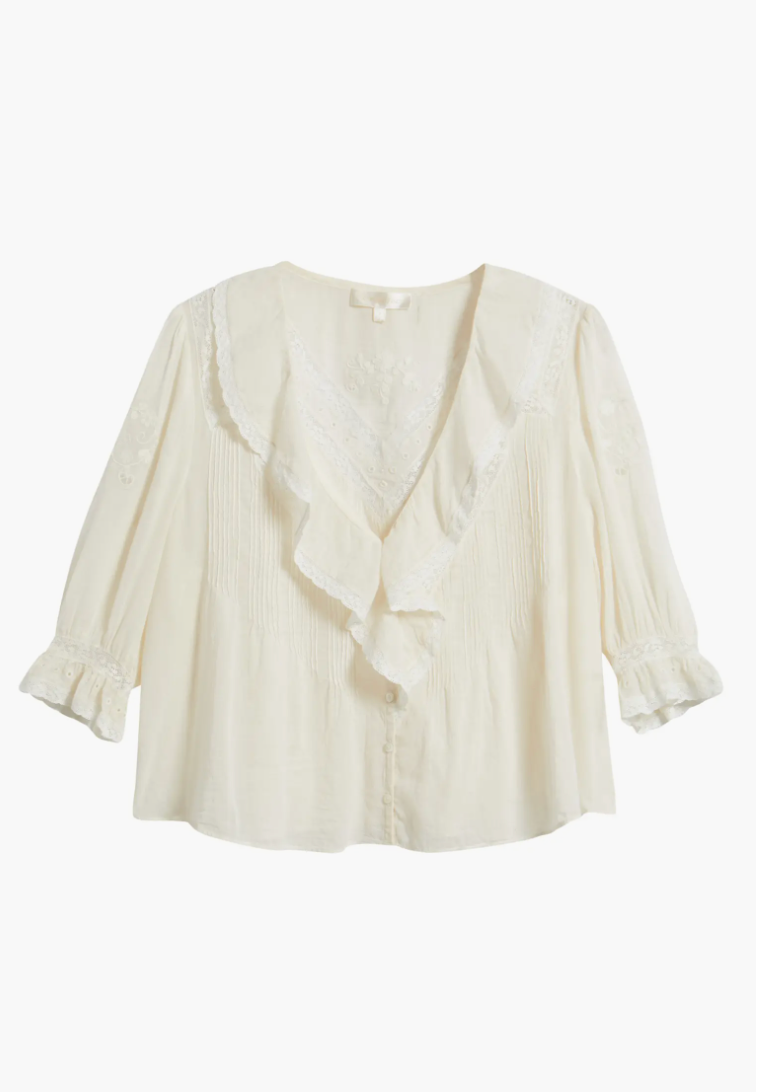 White blouse with ruffled details on a white background