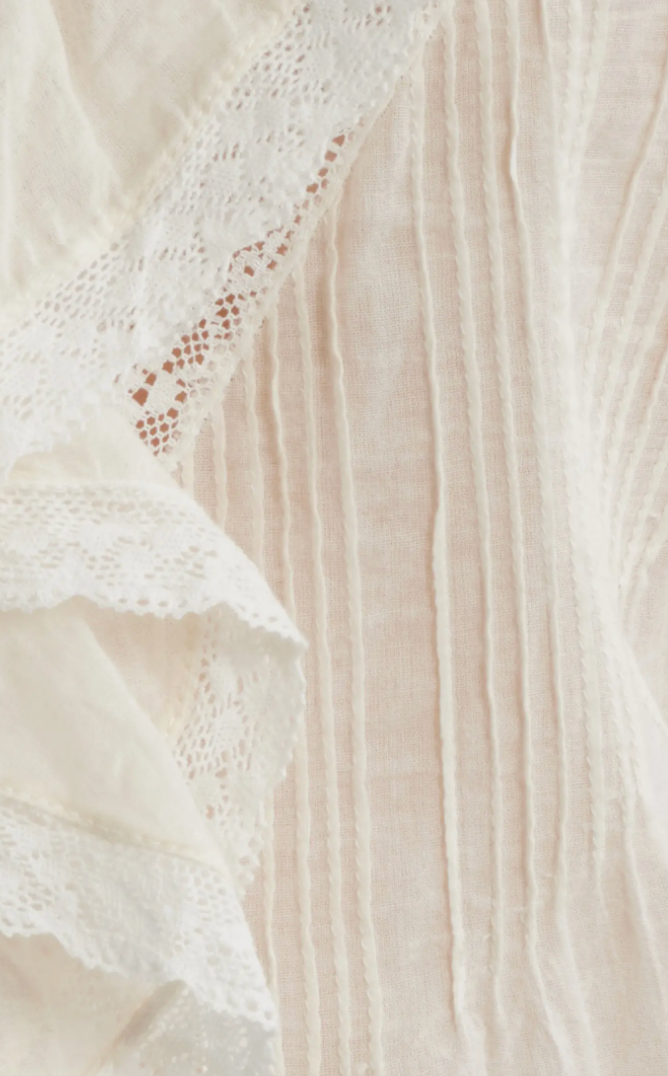 Close-up of a textured white fabric with lace detailing