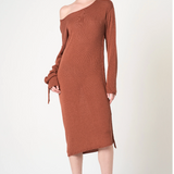 Woman wearing a brown off-shoulder dress on a white background