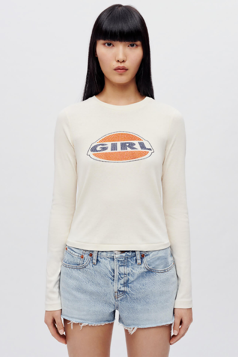 RE/DONE & PAM - 90s Baby "Girl" Sparkle Long Sleeve Tee - Naked