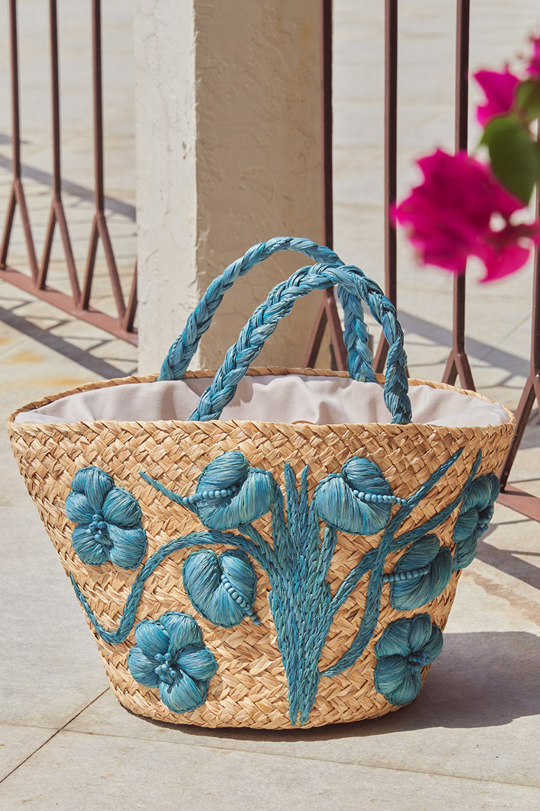 Aranáz - Anthurium Basket Bag - Natural/Cool Blue