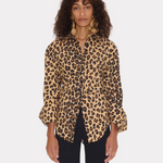 poplin buttondown blouse in cheetah print on model
