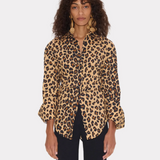 poplin buttondown blouse in cheetah print on model
