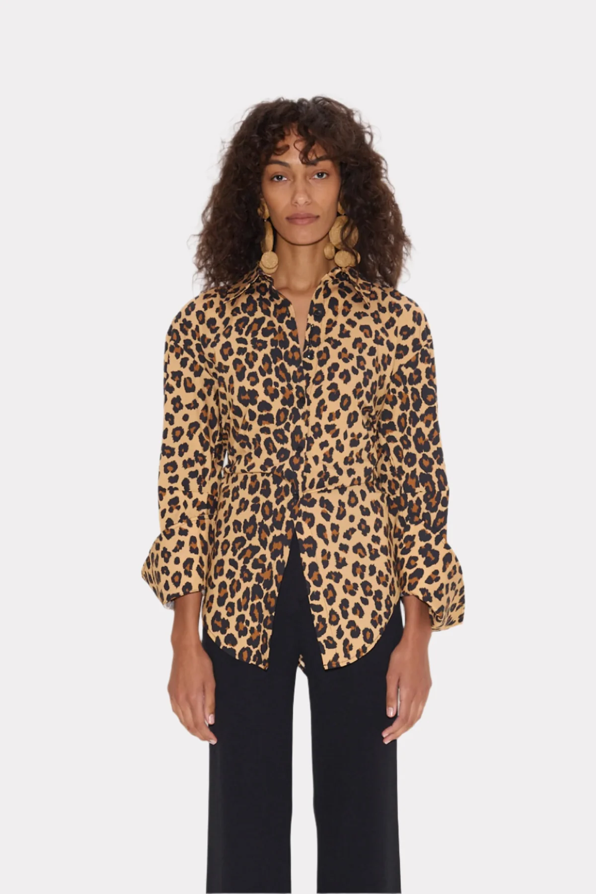 poplin buttondown blouse in cheetah print on model