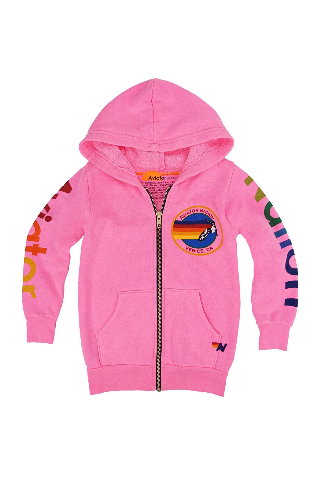 A neon pink zip hoodie for kids with Aviator Nation branding on the sleeves and the front.