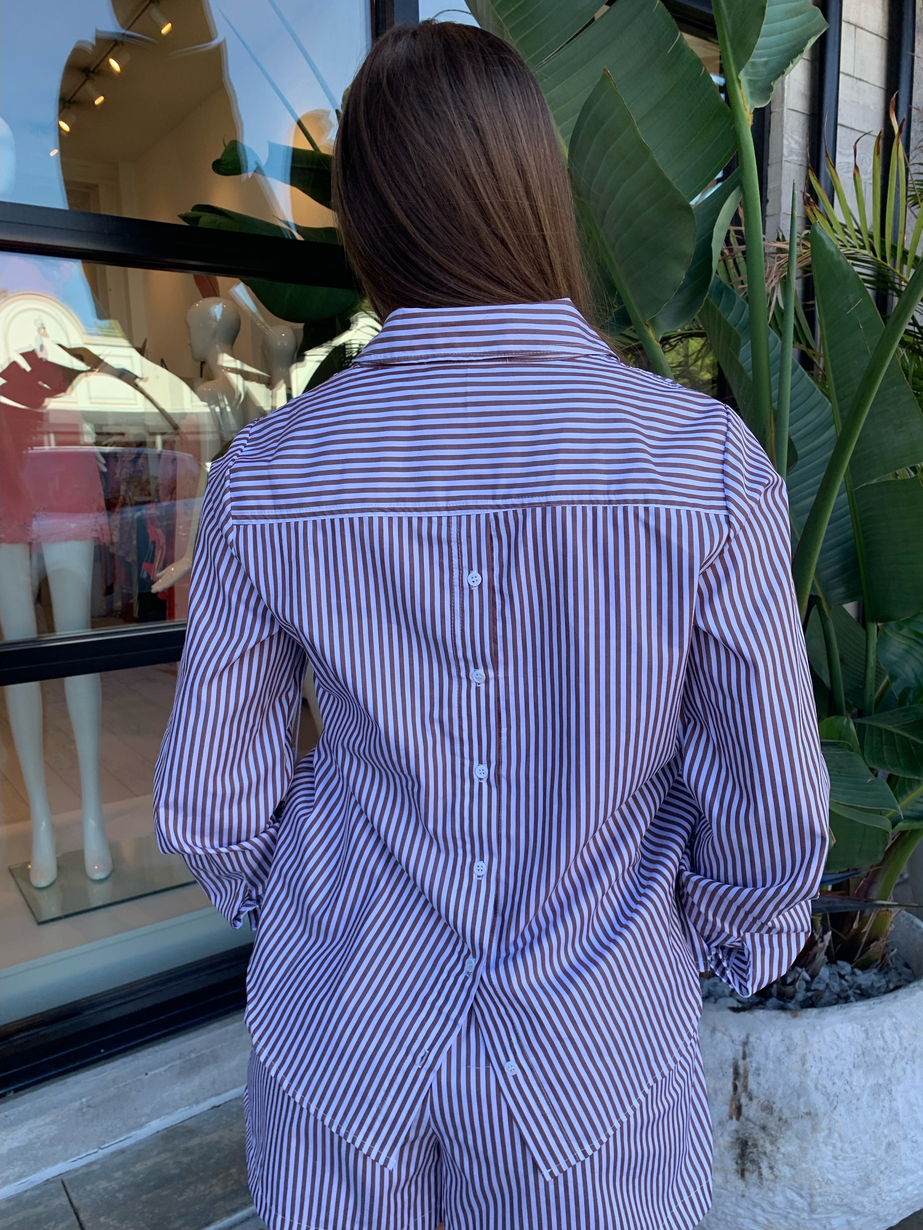 Person wearing a brown and white striped shirt with plants and a window in the background