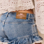 Denim shorts with lace trim and a brand label, worn with a white lace top.