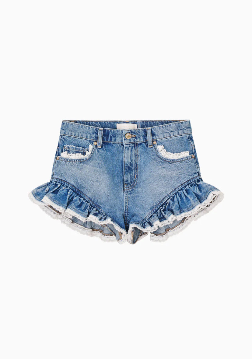 Blue denim shorts with ruffled hem on a white background
