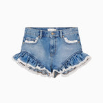 Blue denim shorts with ruffled hem on a white background