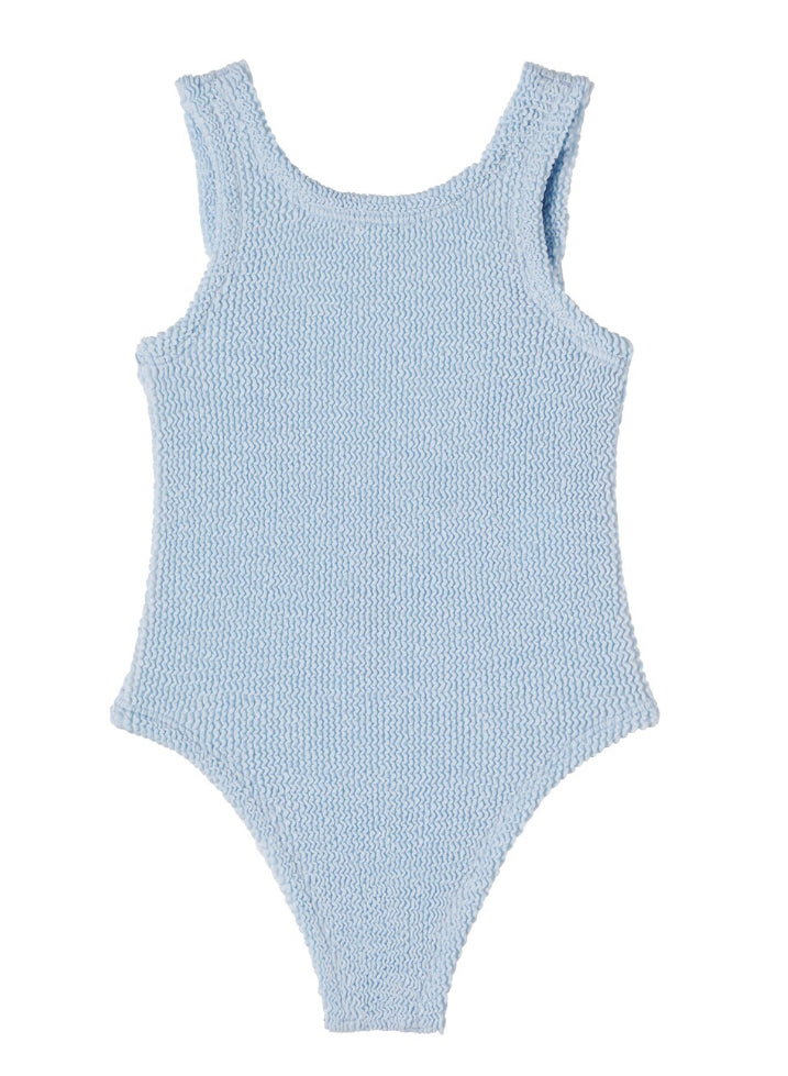 Light blue textured swimsuit on a white background