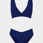 Navy blue bikini set on a white background