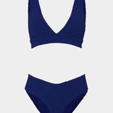 Navy blue bikini set on a white background