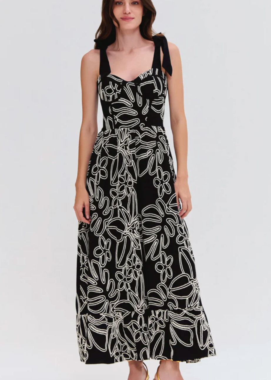 patbo linen black midi dress with white detail