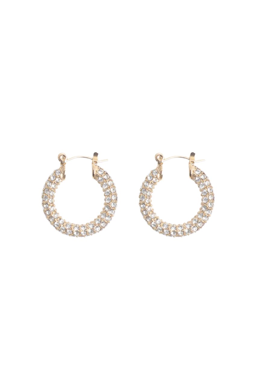A pair of gold-colored hoop earrings with pave diamond accents