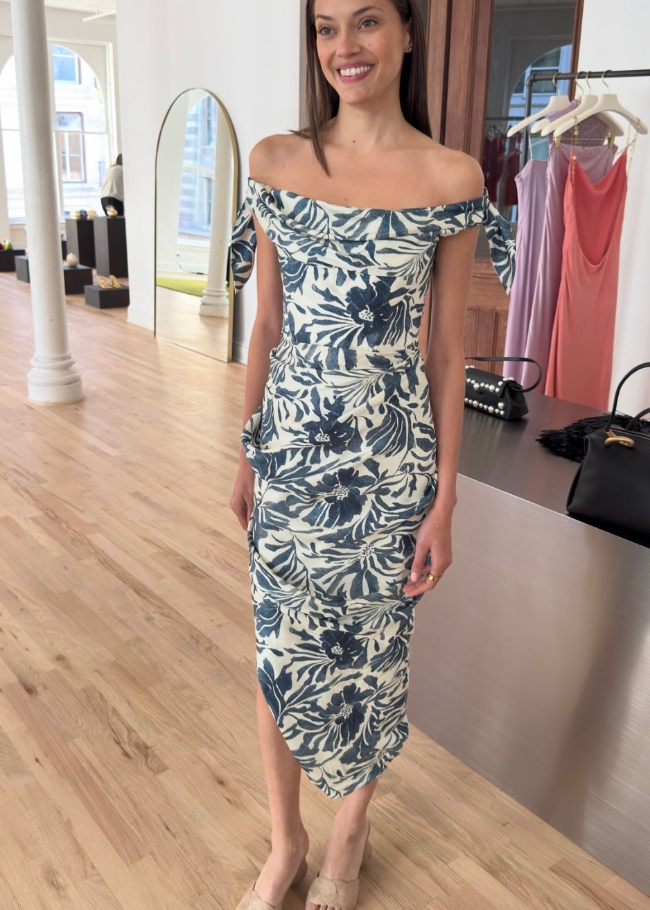 Navy blue and off white floral off shoulder midi dress