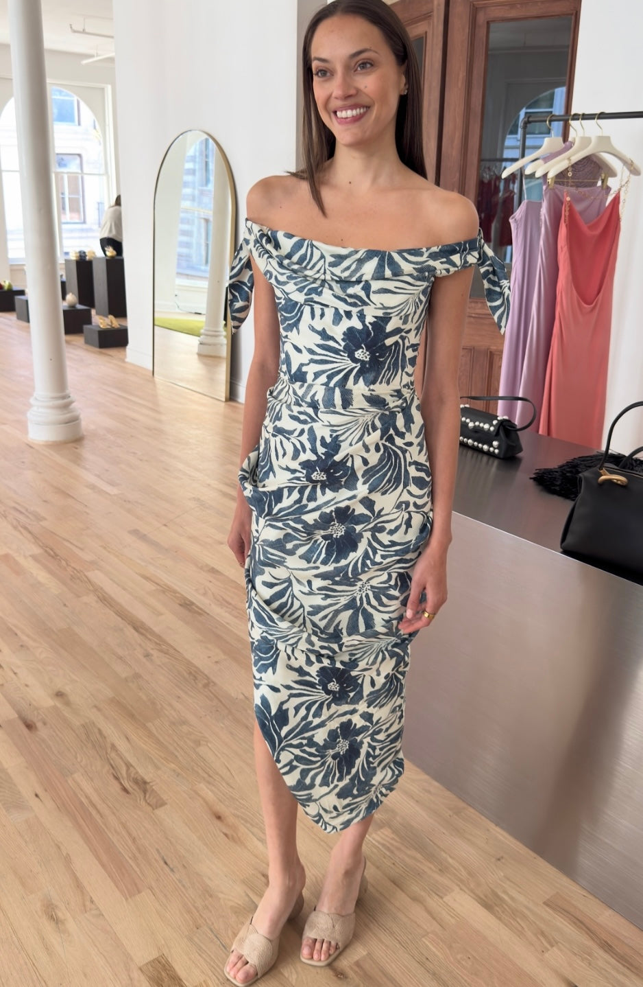 Navy blue and off white floral off shoulder midi dress