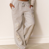 heather grey sweatpants with ivory lace bow detail 