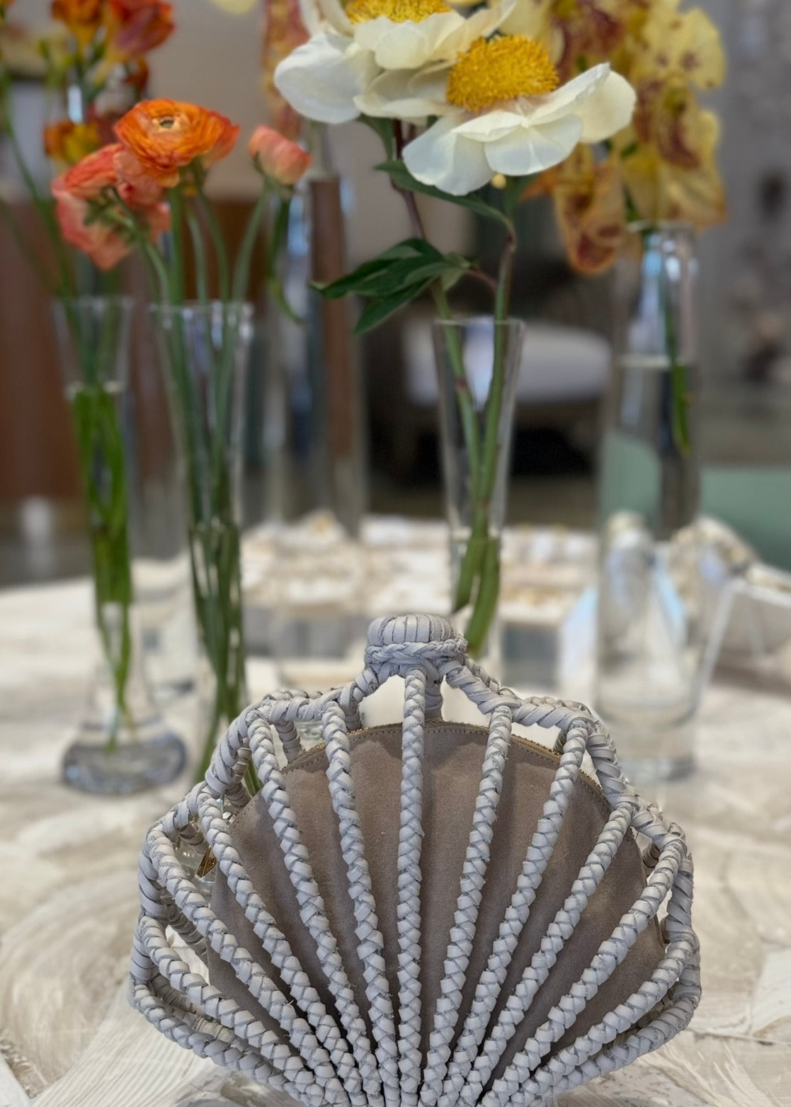 White leather braided shell clutch 