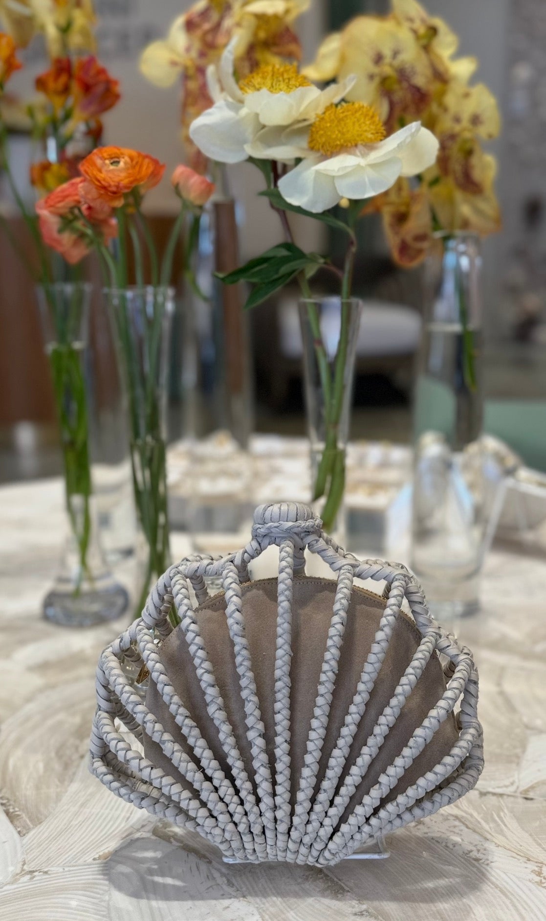 White leather braided shell clutch 