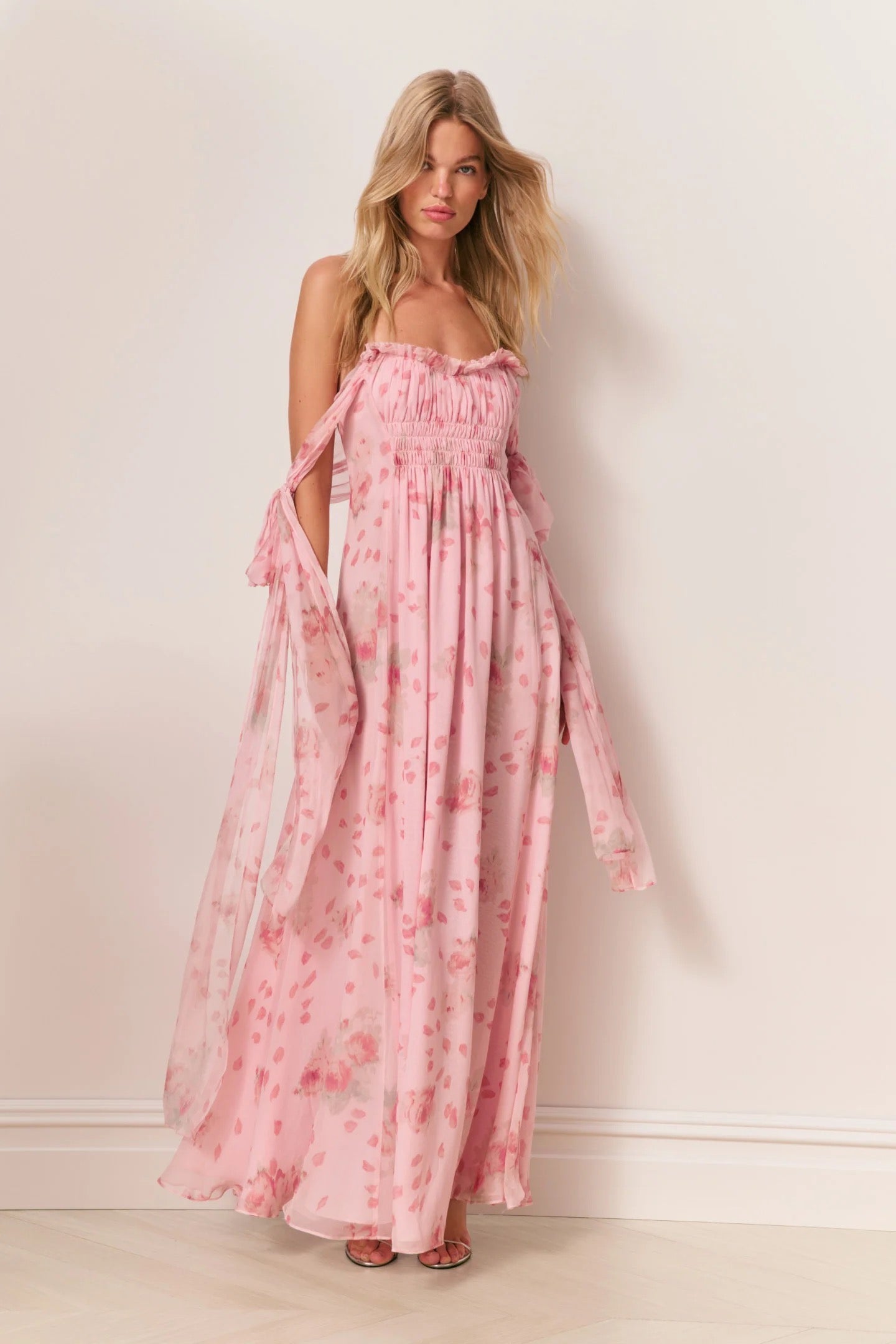 Pink floral maxi dress with straps 