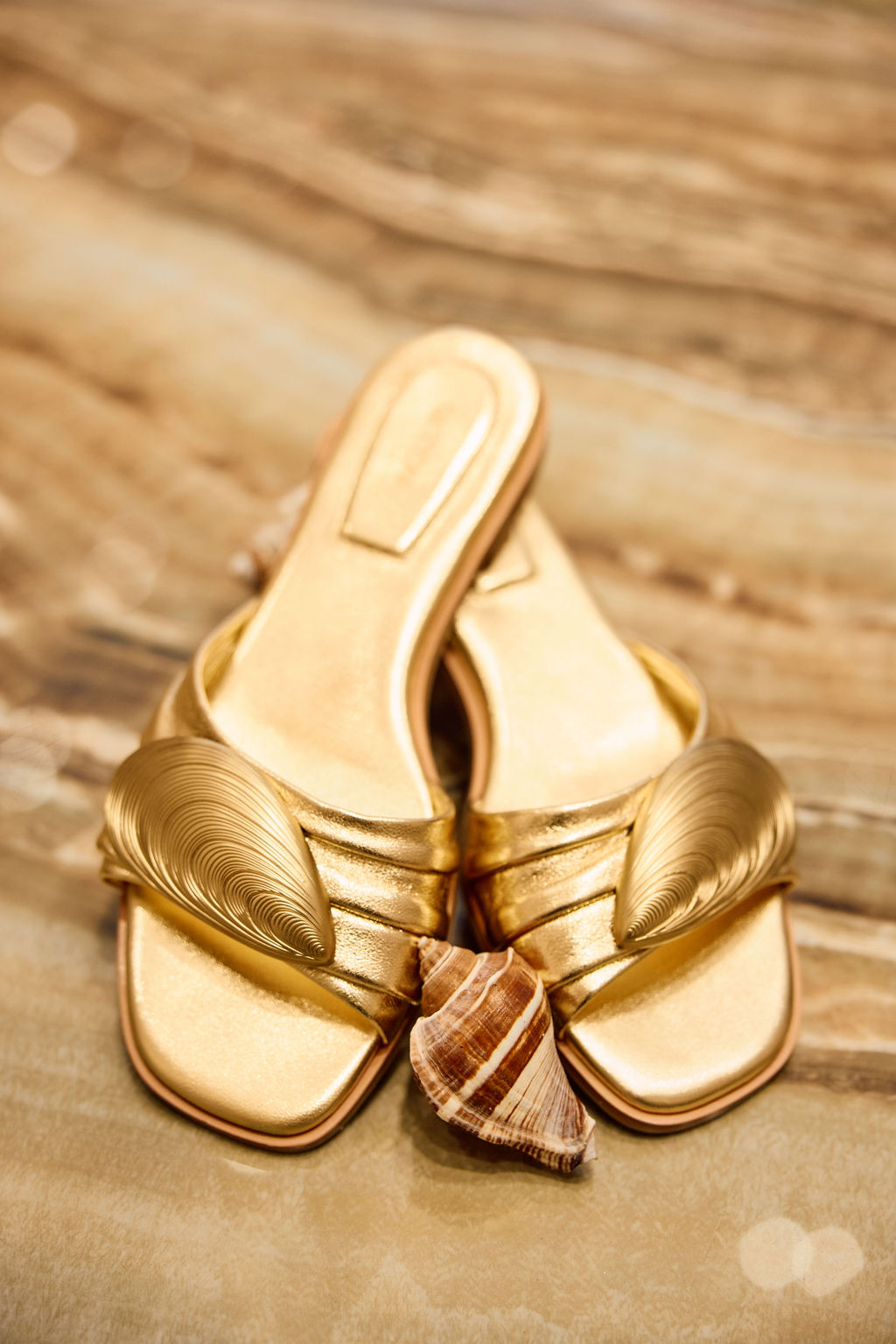 Gold sandal with shell design on a wooden surface
