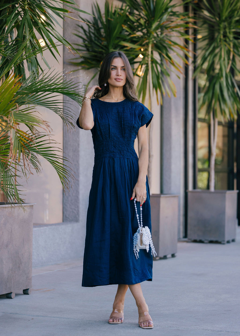 navy blue dress midi Short Sleeve Navy Lace Midi Dress - Women's Event Dresses