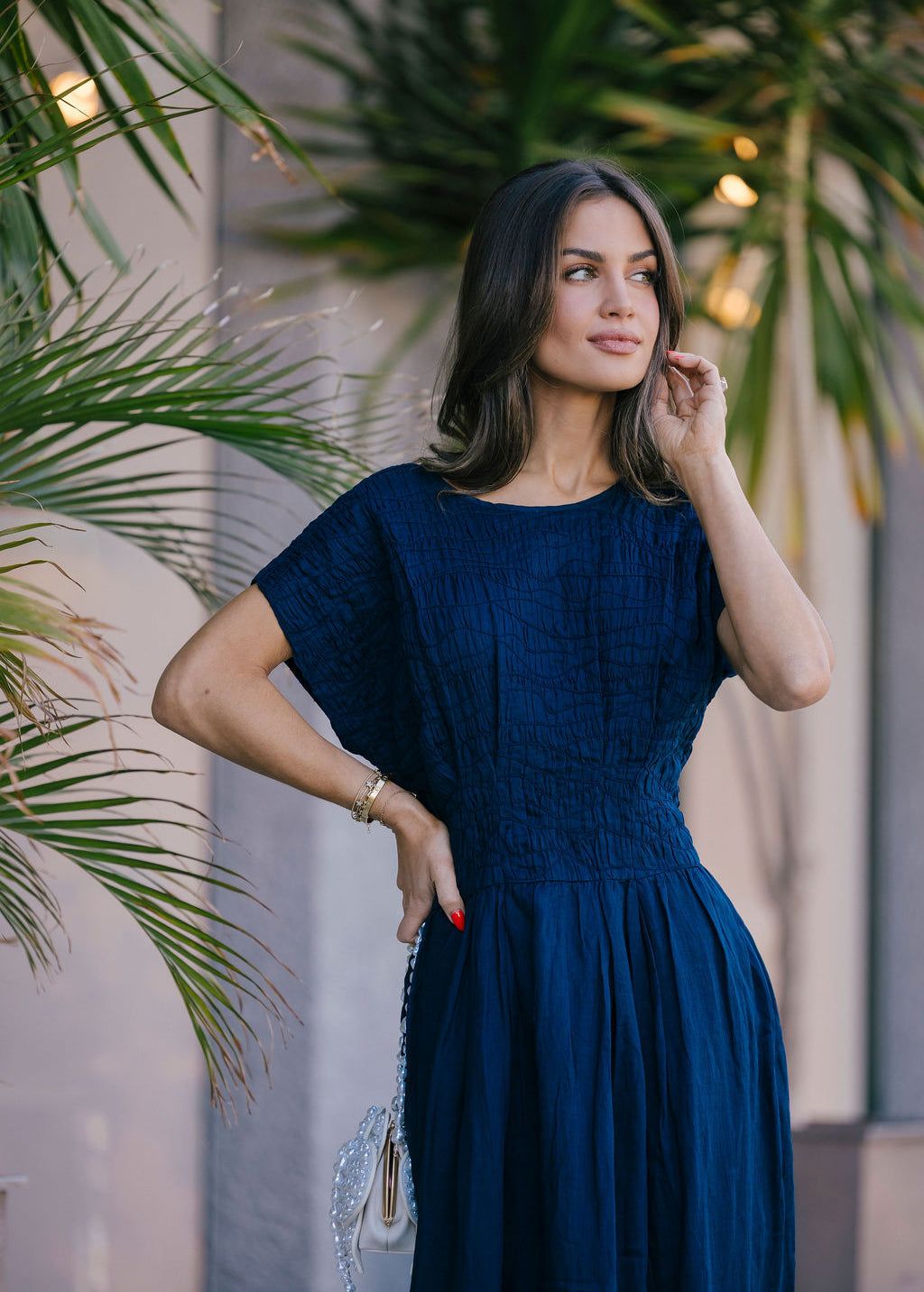artisanal navy midi dress FEMME SILHOUETTE NAVY MIDI DRESS