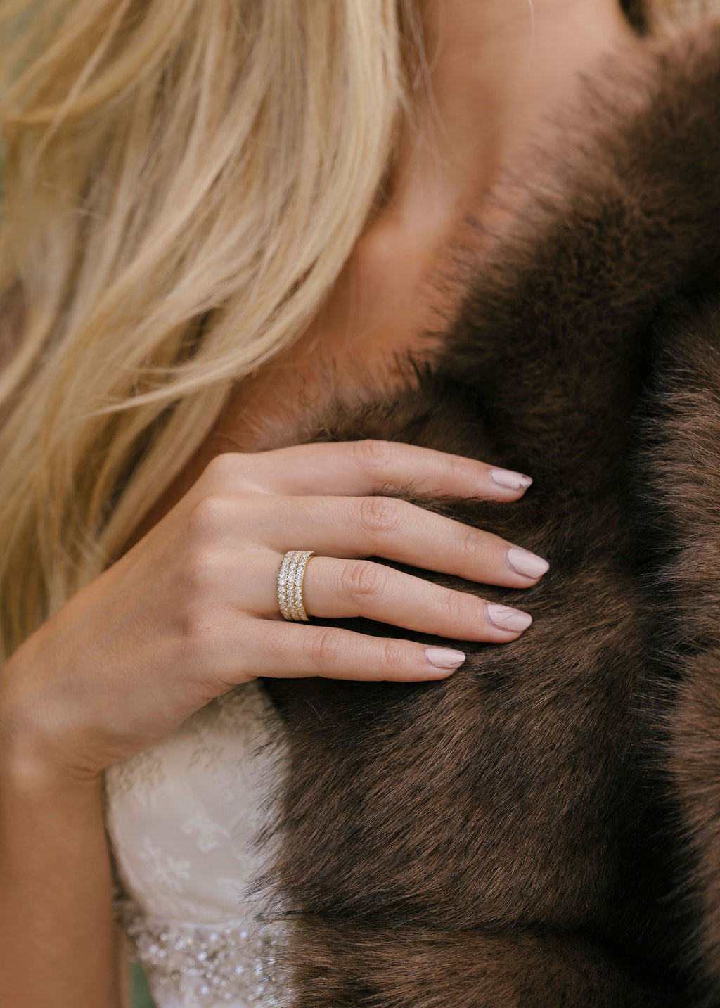 Close-up of a person wearing a fur coat with a blurred background