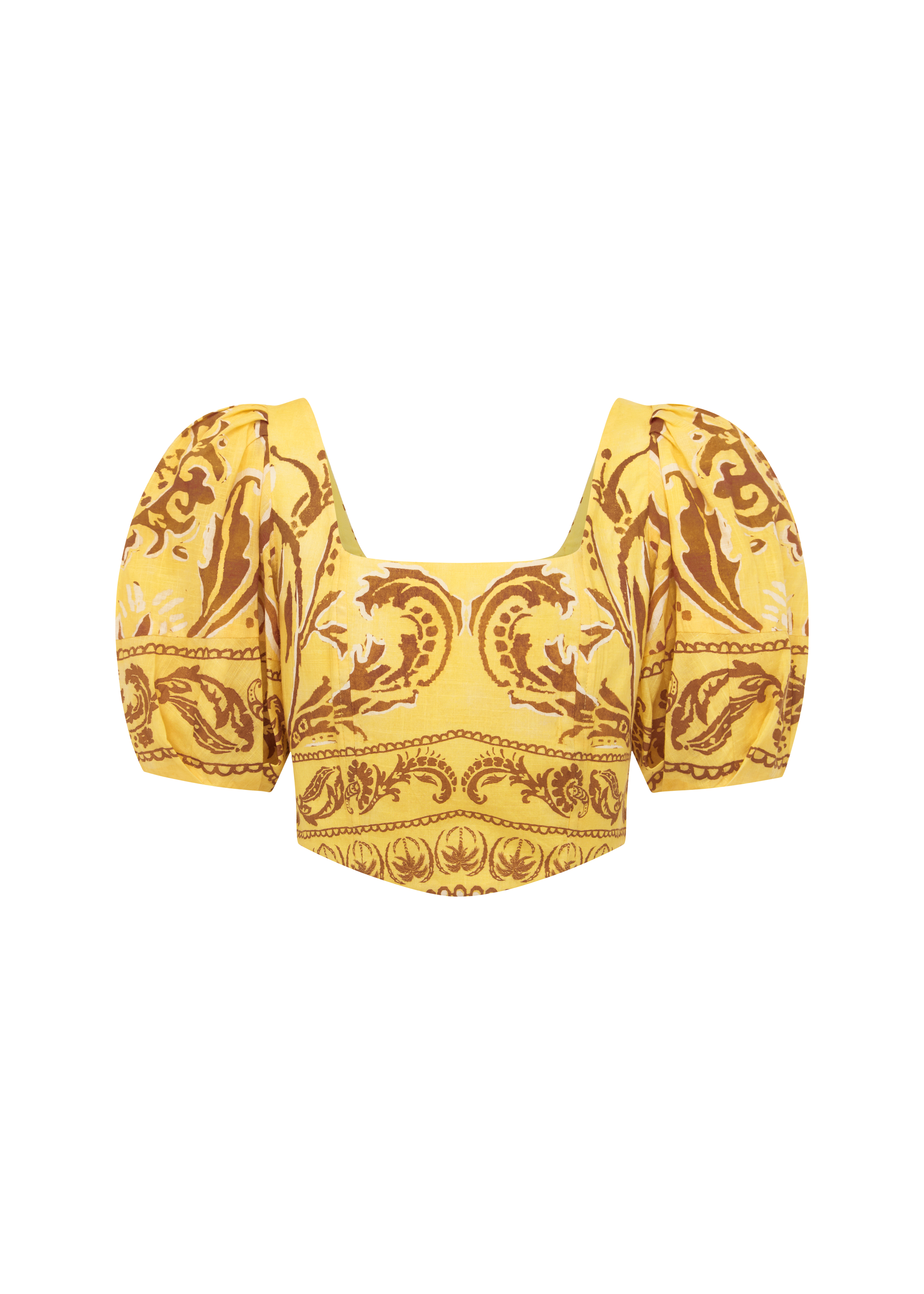 Yellow top with puff sleeves and intricate pattern on a white background