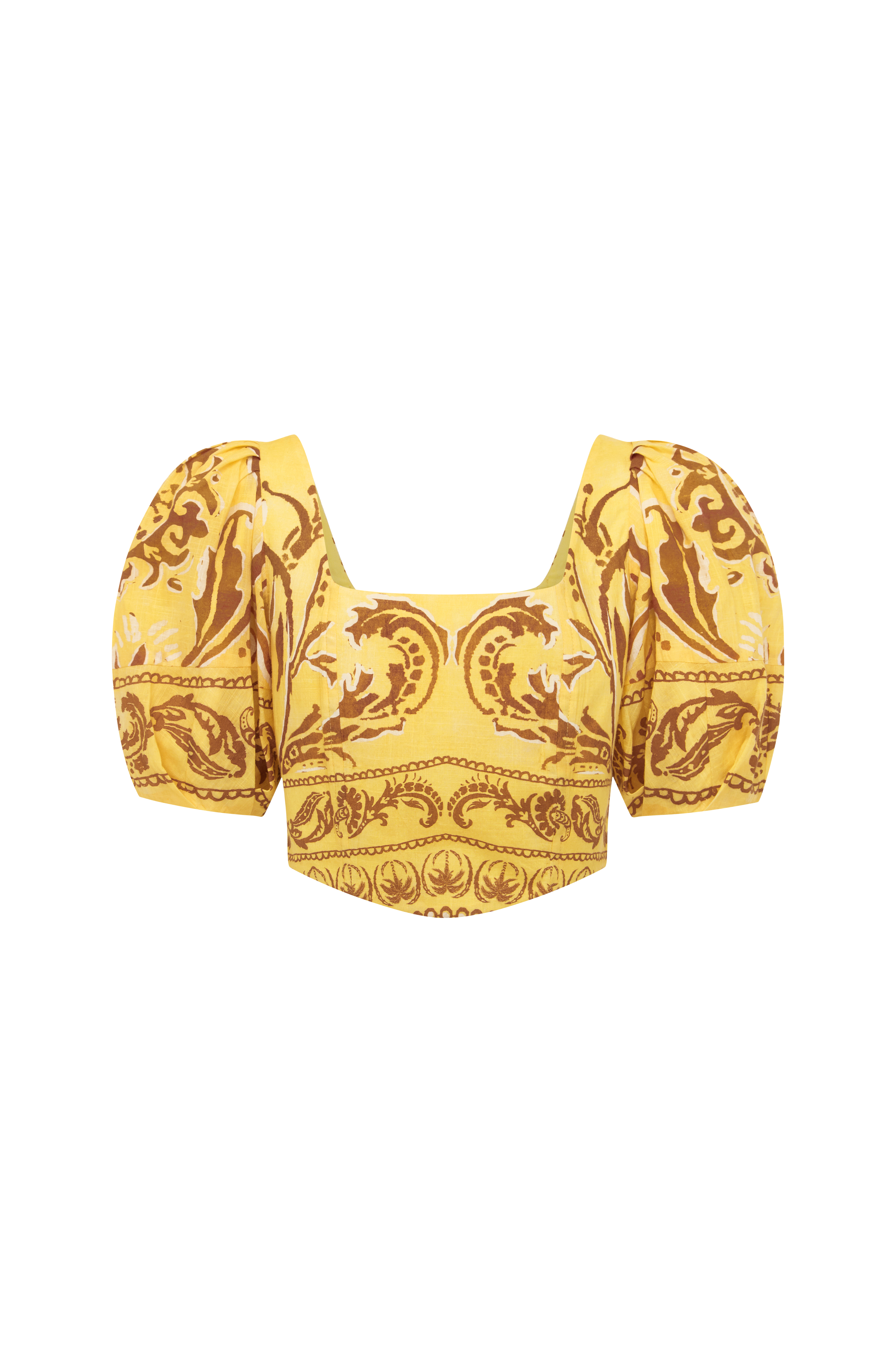 Yellow top with puff sleeves and intricate pattern on a white background