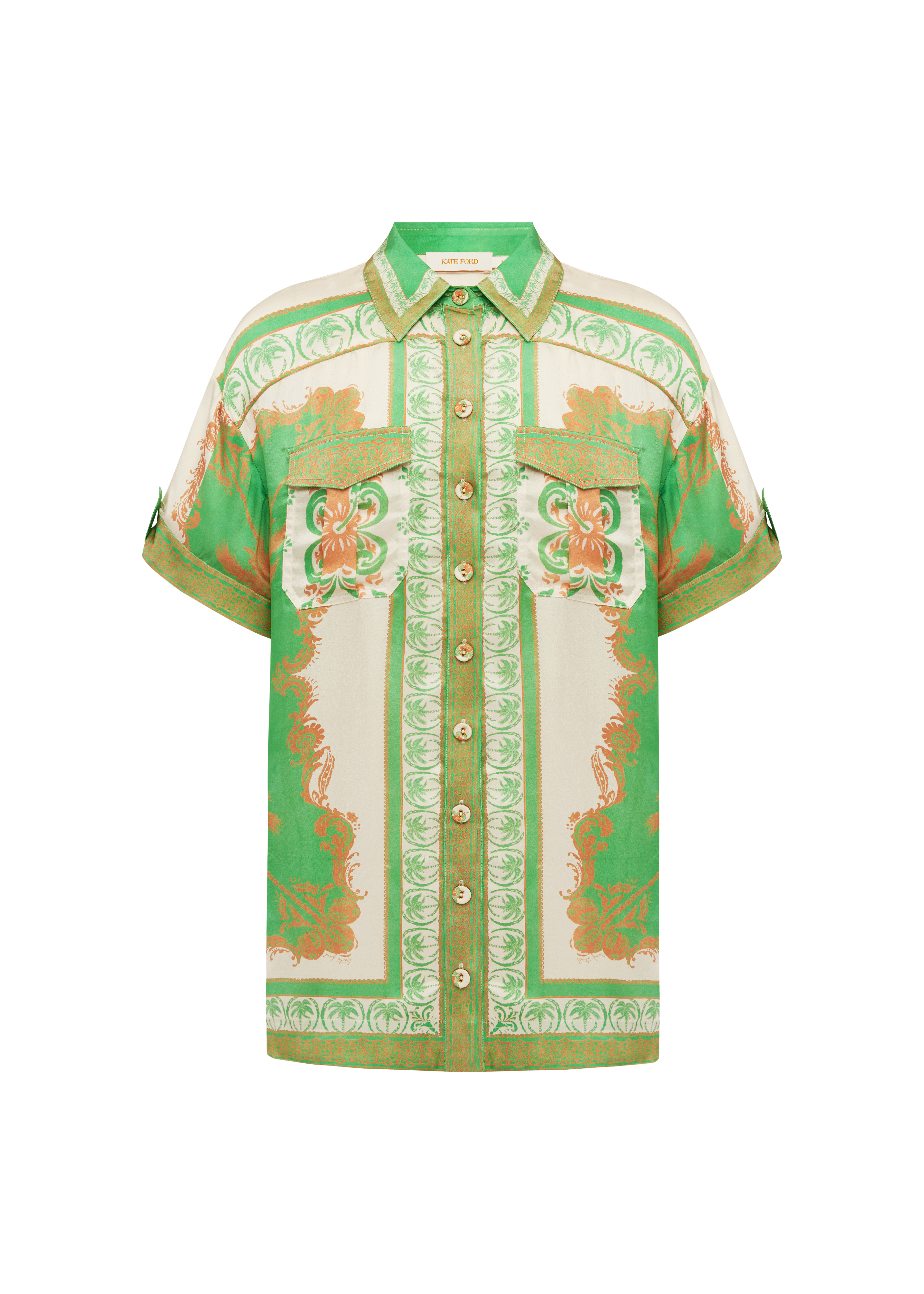 Green patterned shirt on a white background