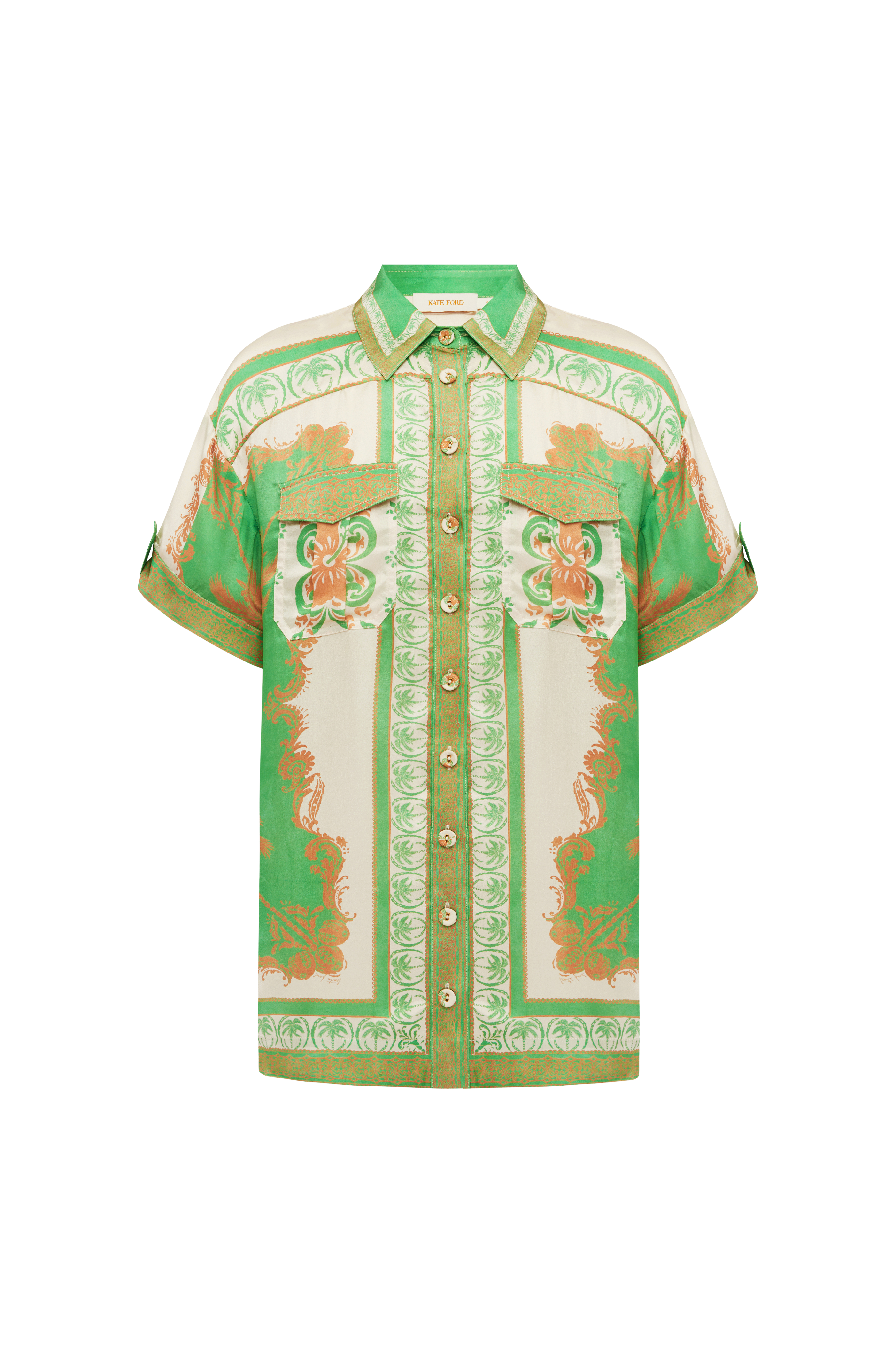 Green patterned shirt on a white background