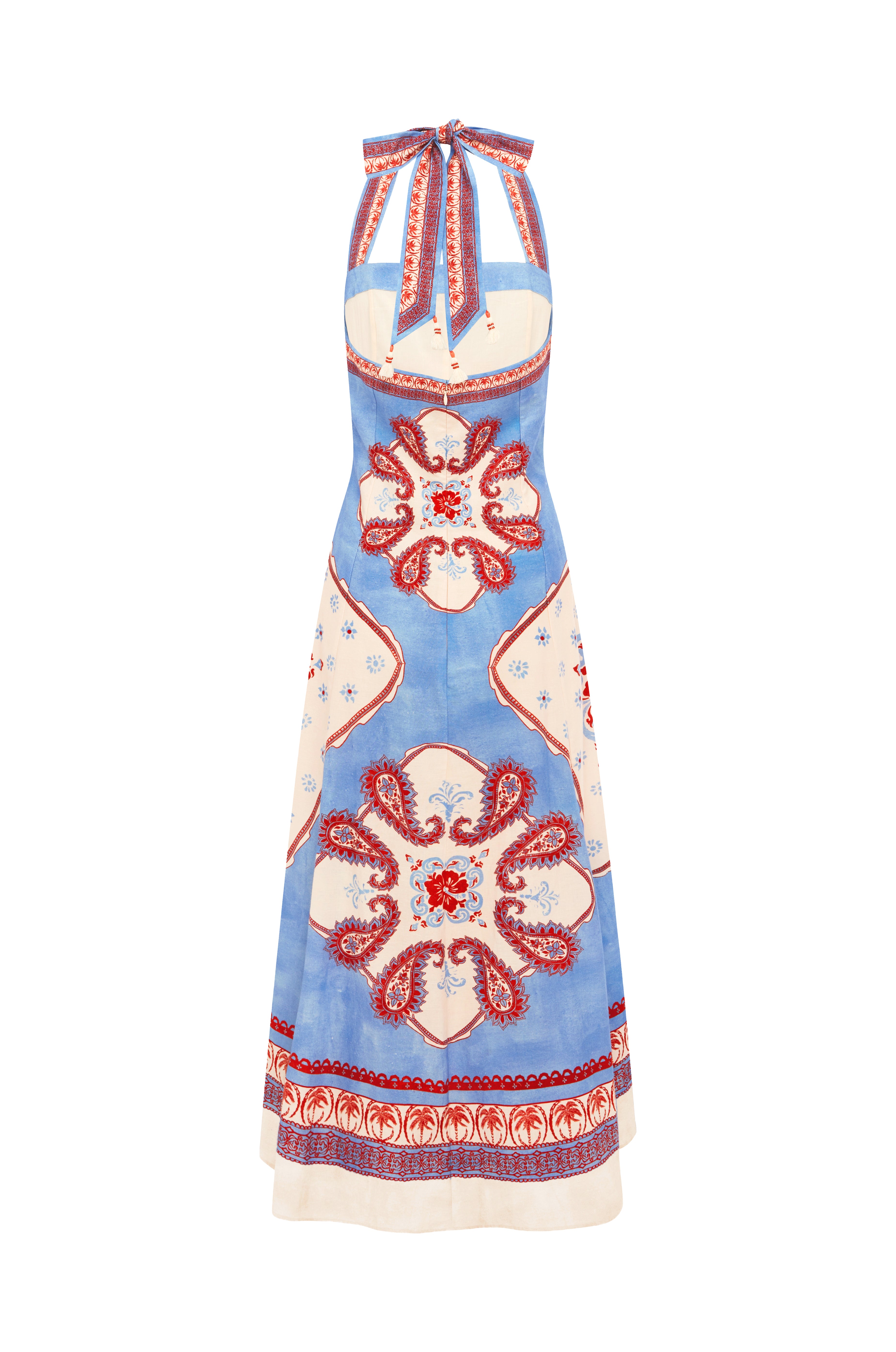 Blue dress with red and white floral patterns on a white background