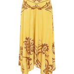 Yellow skirt with brown floral patterns on a white background