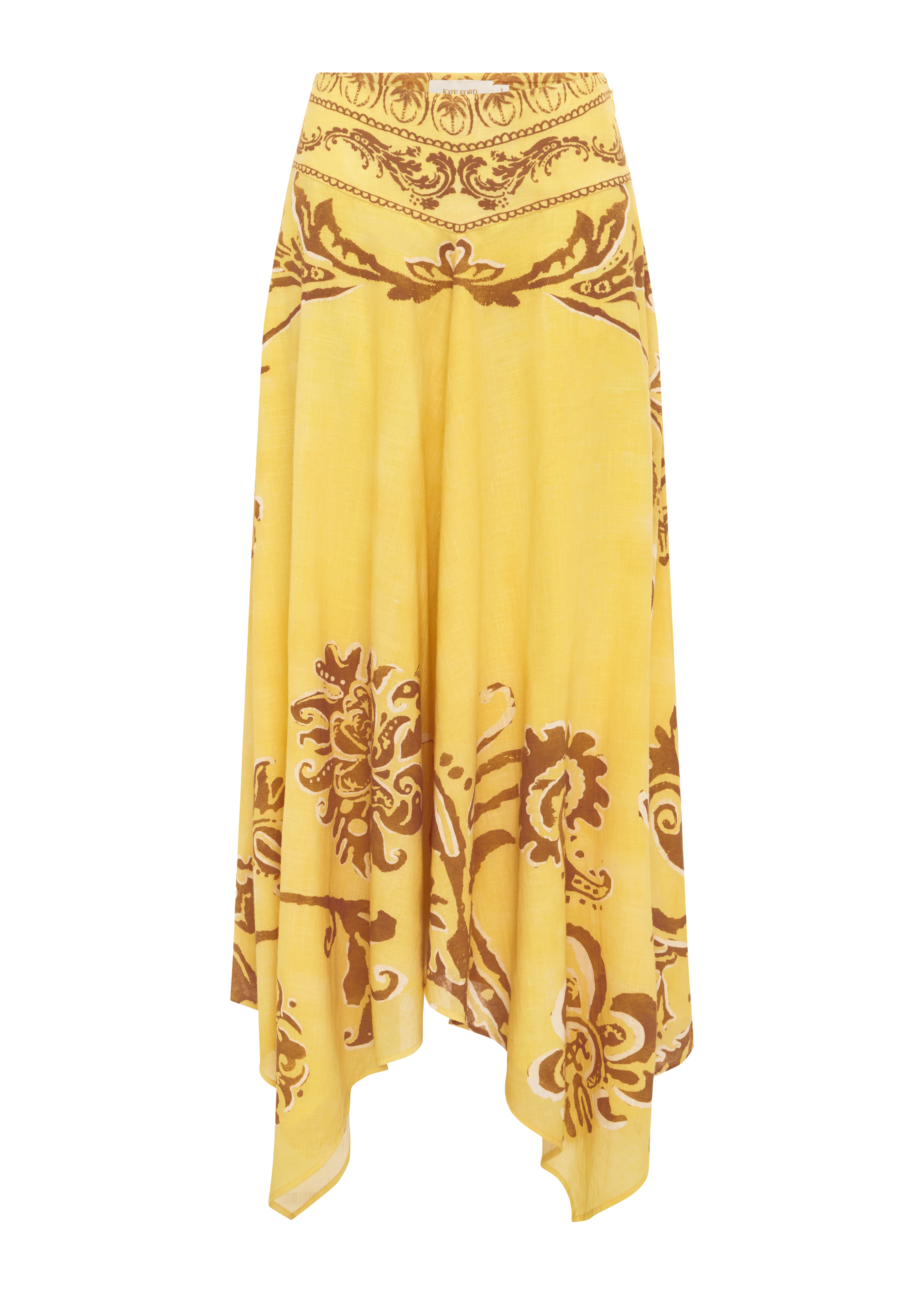 Yellow skirt with brown floral patterns on a white background