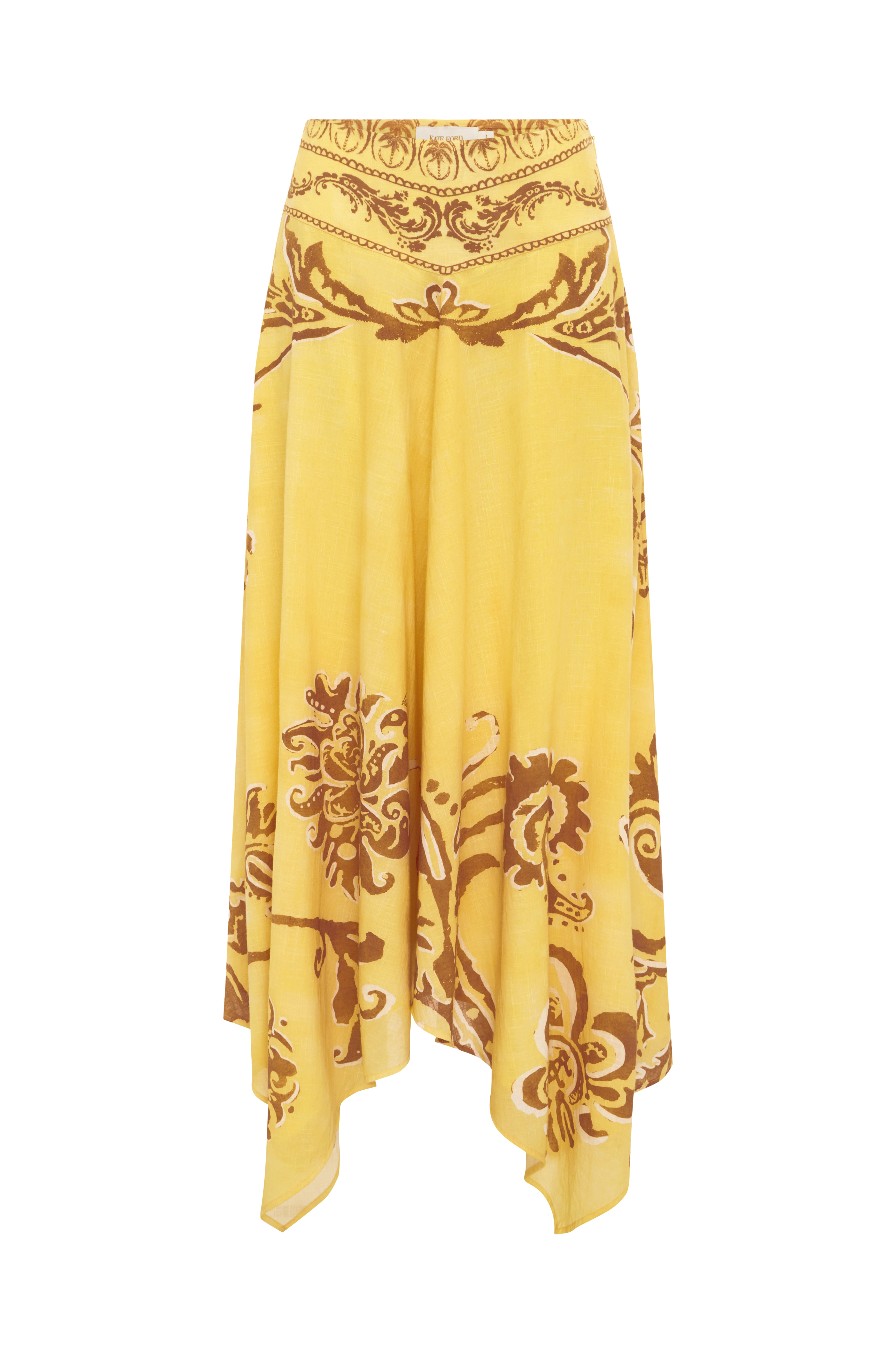 Yellow skirt with brown floral patterns on a white background