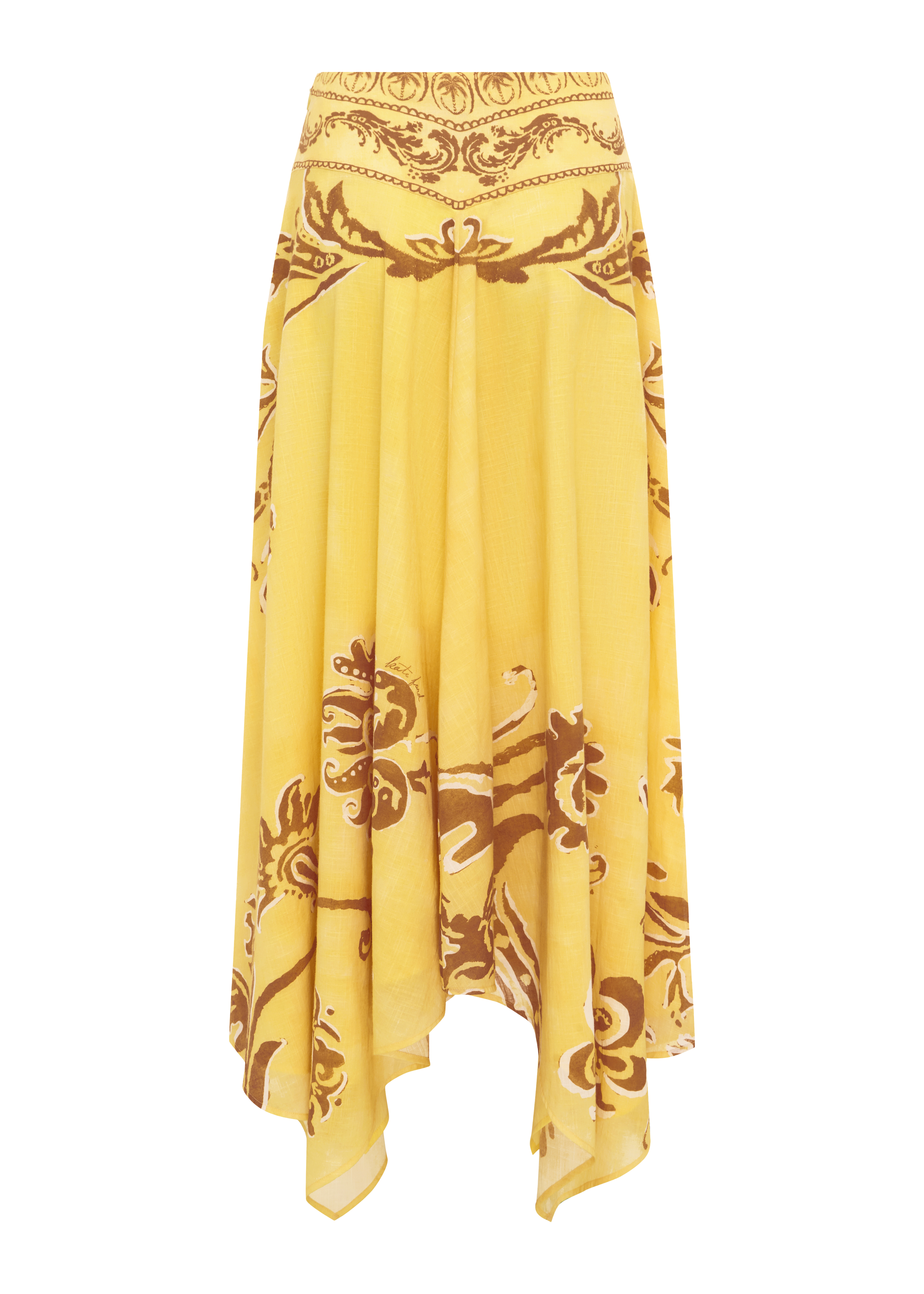Yellow skirt with intricate brown patterns on a white background