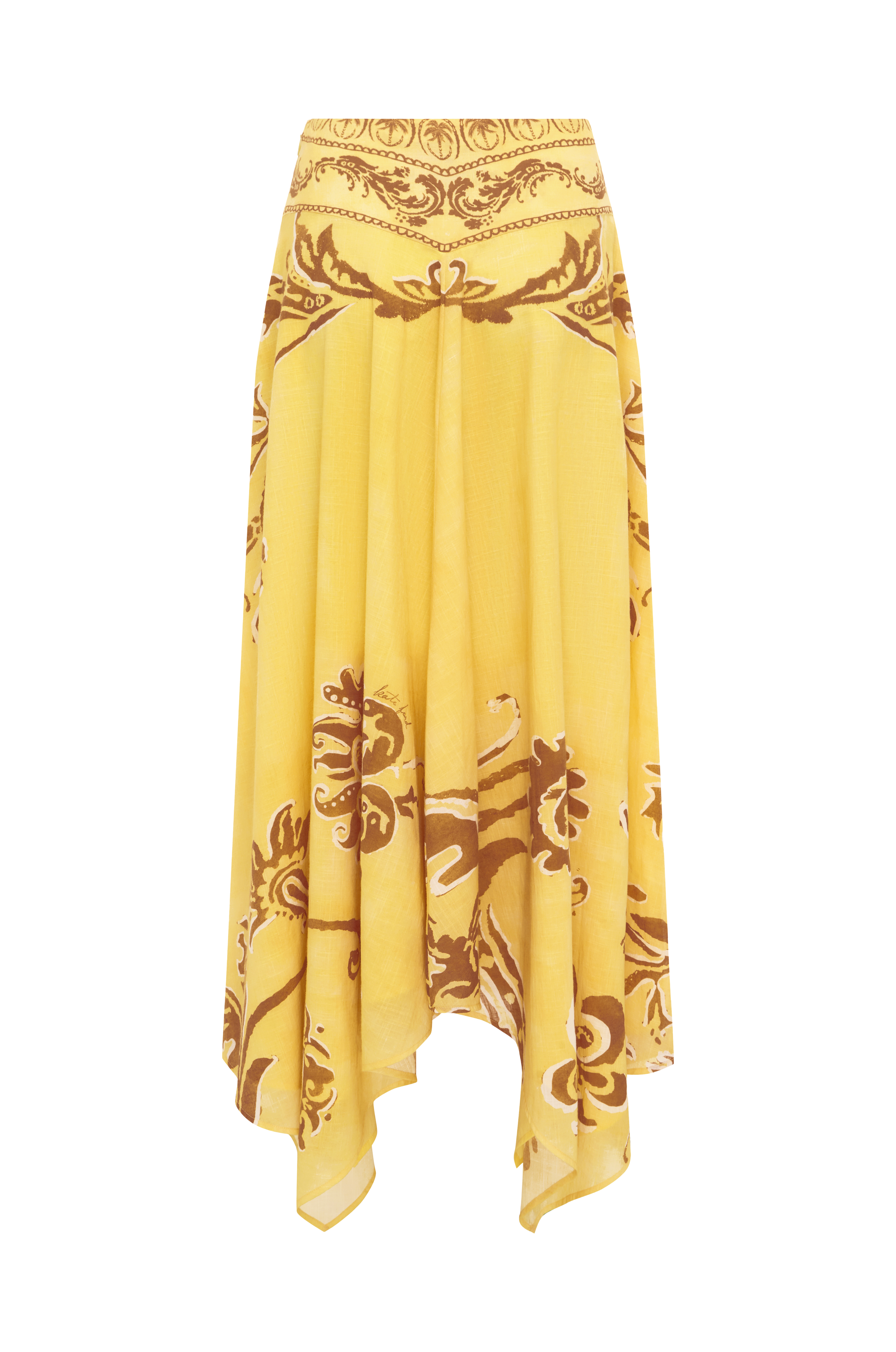 Yellow skirt with intricate brown patterns on a white background